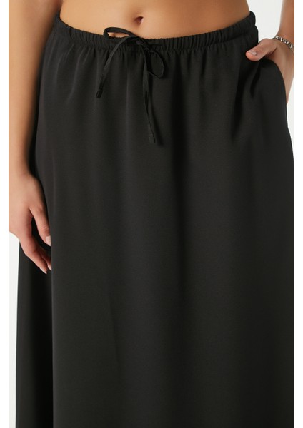 Kadın Trend Modal Serin Kumaş Siyah Bel Lastikli Cepli Rahat Kalıp Uzun Etek