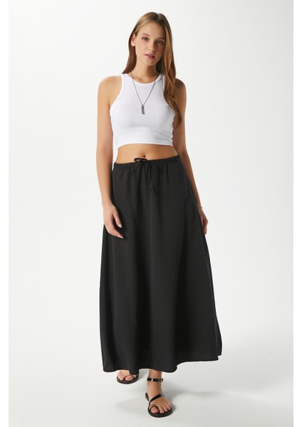 Kadın Trend Modal Serin Kumaş Siyah Bel Lastikli Cepli Rahat Kalıp Uzun Etek