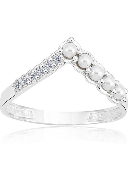 V Minimal İncili Tasarım 925 Ayar Eklem Yüzüğü-İncili 925 Ayar Gümüş Yüzük-Hediye Gümüş Yüzük