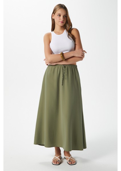 Kadın Trend Modal Serin Kumaş Haki Bel Lastikli Cepli Rahat Kalıp Uzun Etek