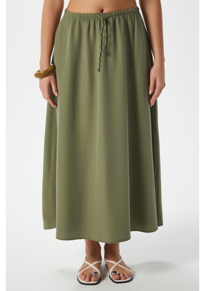 Kadın Trend Modal Serin Kumaş Haki Bel Lastikli Cepli Rahat Kalıp Uzun Etek fiyatları