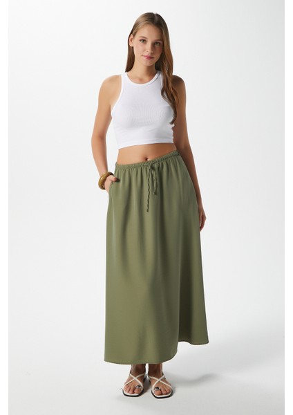 Kadın Trend Modal Serin Kumaş Haki Bel Lastikli Cepli Rahat Kalıp Uzun Etek modelleri