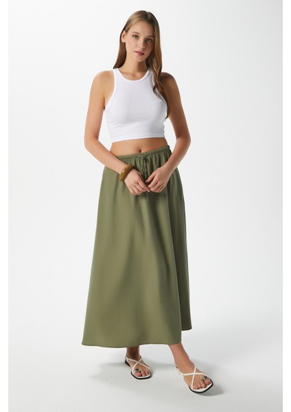 Kadın Trend Modal Serin Kumaş Haki Bel Lastikli Cepli Rahat Kalıp Uzun Etek fırsatları