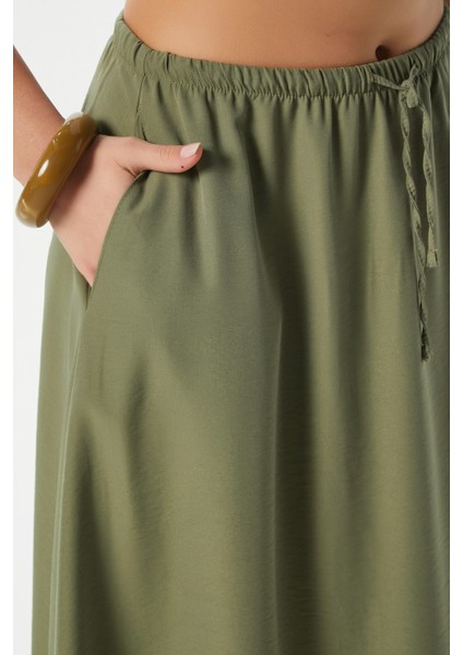 Kadın Trend Modal Serin Kumaş Haki Bel Lastikli Cepli Rahat Kalıp Uzun Etek indirimleri
