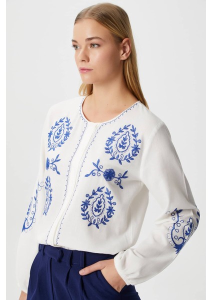 Kadın Merit Nakış Işlemeli Pamuk Flam Regular Dokuma Gömlek