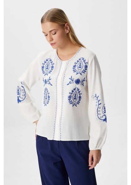 Kadın Merit Nakış Işlemeli Pamuk Flam Regular Dokuma Gömlek modelleri