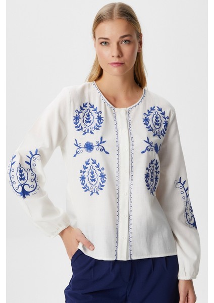 Kadın Merit Nakış Işlemeli Pamuk Flam Regular Dokuma Gömlek