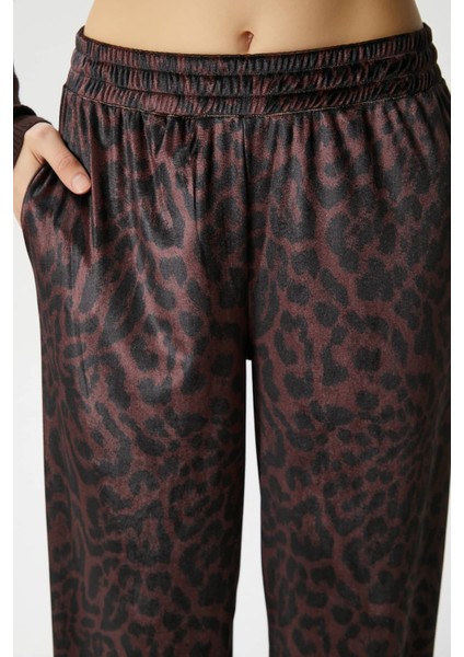 Kadın Hide Kadife Bel Lastikli Cepli Kahverengi Leopar Pantolon