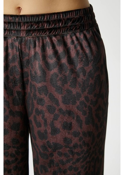 Kadın Hide Kadife Bel Lastikli Cepli Kahverengi Leopar Pantolon fırsatları