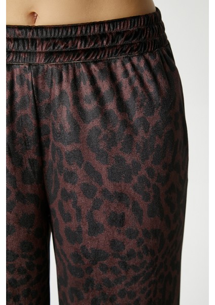 Kadın Hide Kadife Bel Lastikli Cepli Kahverengi Leopar Pantolon indirimleri