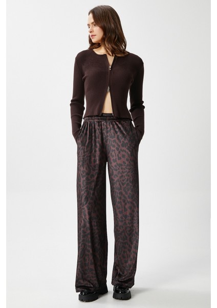 Kadın Hide Kadife Bel Lastikli Cepli Kahverengi Leopar Pantolon