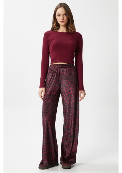 Kadın Hide Kadife Bel Lastikli Cepli Bordo Leopar Pantolon