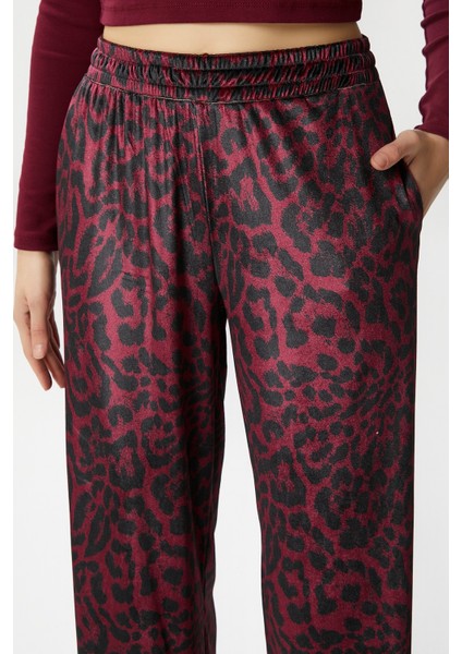 Kadın Hide Kadife Bel Lastikli Cepli Bordo Leopar Pantolon fiyatları