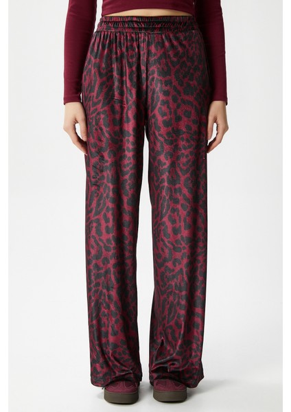 Kadın Hide Kadife Bel Lastikli Cepli Bordo Leopar Pantolon modelleri