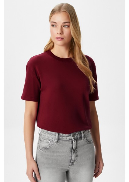 Kadın Rise Dekoratif Yaka Tok Doku %100 Pamuk Bordo T-Shirt