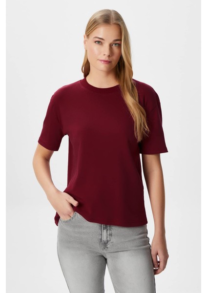 Kadın Rise Dekoratif Yaka Tok Doku %100 Pamuk Bordo T-Shirt fiyatları