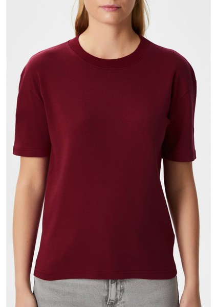 Kadın Rise Dekoratif Yaka Tok Doku %100 Pamuk Bordo T-Shirt modelleri