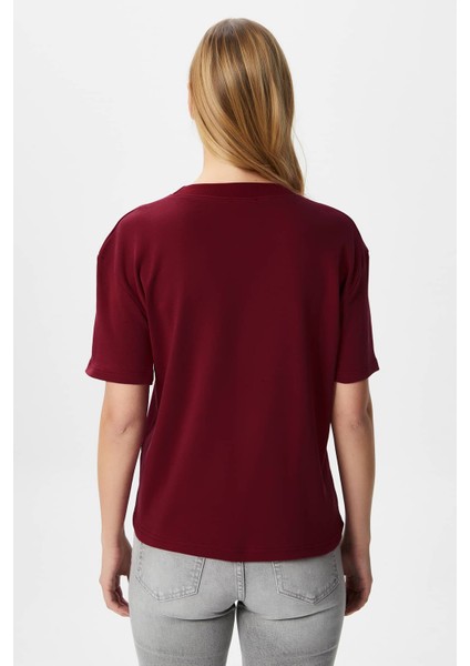 Kadın Rise Dekoratif Yaka Tok Doku %100 Pamuk Bordo T-Shirt
