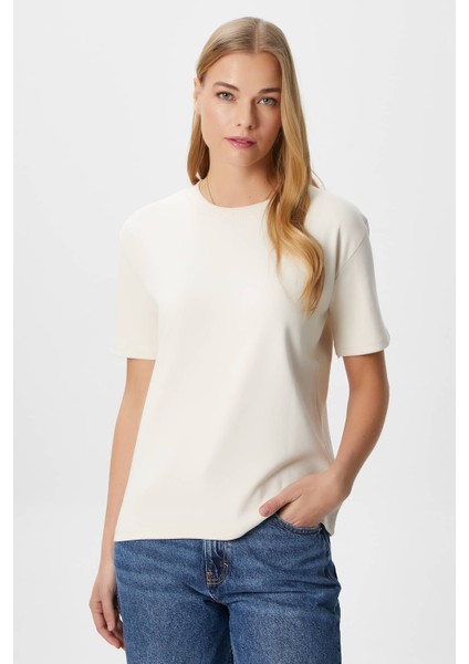 Kadın Rise Dekoratif Yaka Tok Doku %100 Pamuk Açık Bej T-Shirt modelleri