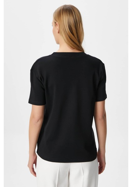Kadın Rise Dekoratif Yaka Tok Doku %100 Pamuk Siyah T-Shirt