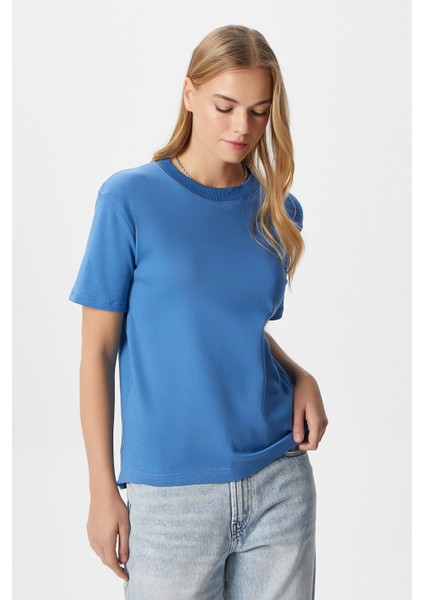 Kadın Rise Dekoratif Yaka Tok Doku %100 Pamuk Mavi T-Shirt