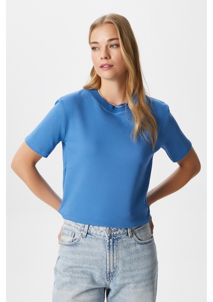 Kadın Rise Dekoratif Yaka Tok Doku %100 Pamuk Mavi T-Shirt modelleri