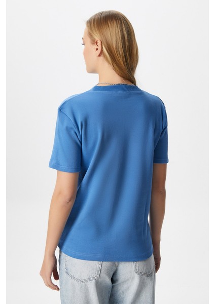 Kadın Rise Dekoratif Yaka Tok Doku %100 Pamuk Mavi T-Shirt