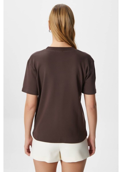 Kadın Rise Dekoratif Yaka Tok Doku %100 Pamuk Kahverengi T-Shirt indirimleri
