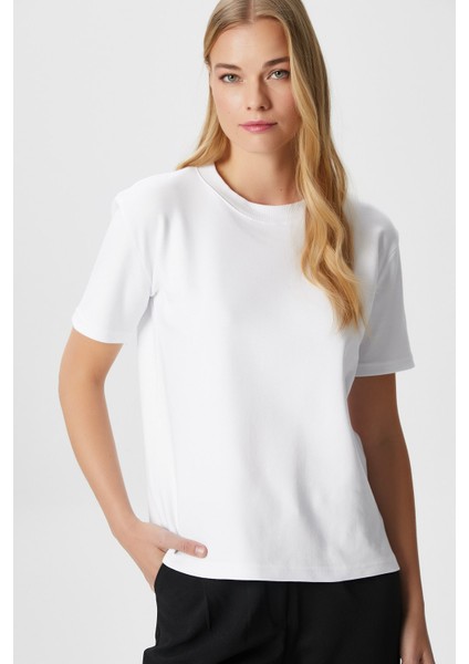 Kadın Rise Dekoratif Yaka Tok Doku %100 Pamuk Beyaz T-Shirt