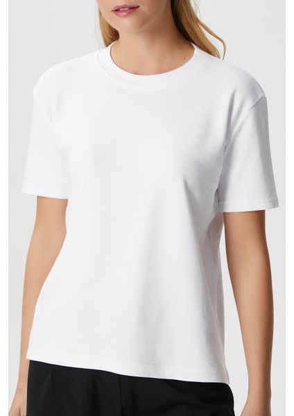 Kadın Rise Dekoratif Yaka Tok Doku %100 Pamuk Beyaz T-Shirt fırsatları