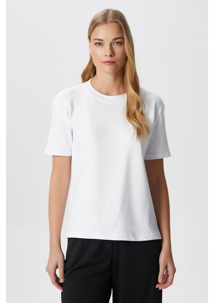 Kadın Rise Dekoratif Yaka Tok Doku %100 Pamuk Beyaz T-Shirt indirimleri