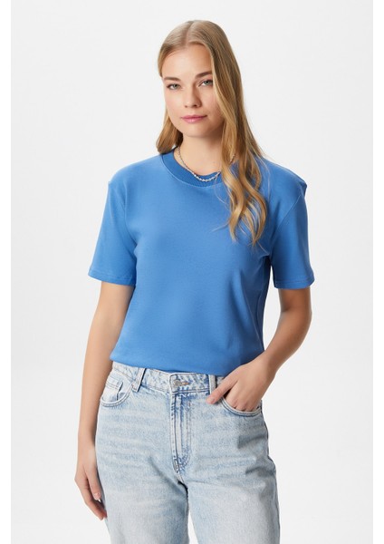 Kadın Rise Dekoratif Yaka Tok Doku %100 Pamuk Mavi T-Shirt