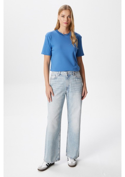 Kadın Rise Dekoratif Yaka Tok Doku %100 Pamuk Mavi T-Shirt