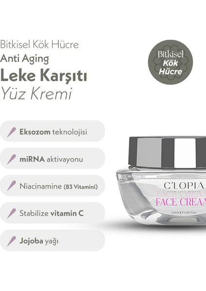 Leke ve Antiaging Bitkisel Kök Hücre Yüz Kremi, Hyaluronik Asit, Niacinamide, C-Vit, Kolajen fiyatları