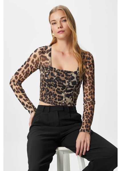 Kadın Alina Korse Görünümlü Leopar Tül Crop Bluz
