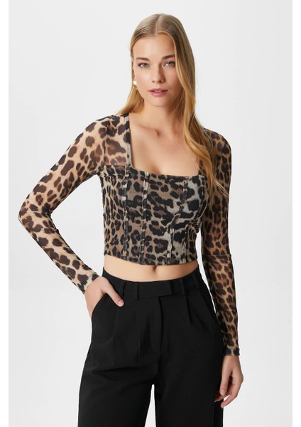 Kadın Alina Korse Görünümlü Leopar Tül Crop Bluz fiyatları