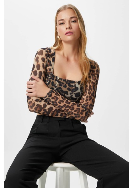 Kadın Alina Korse Görünümlü Leopar Tül Crop Bluz indirimleri