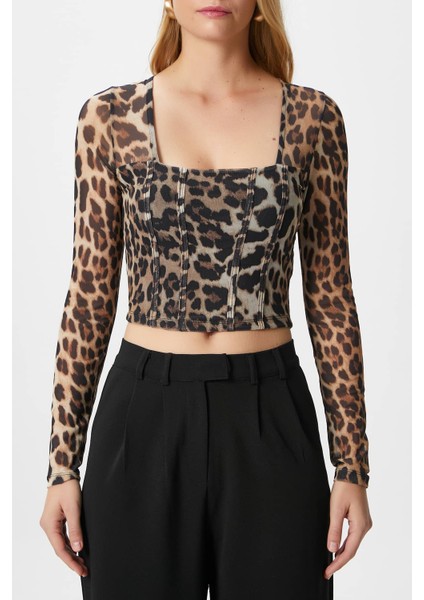 Kadın Alina Korse Görünümlü Leopar Tül Crop Bluz