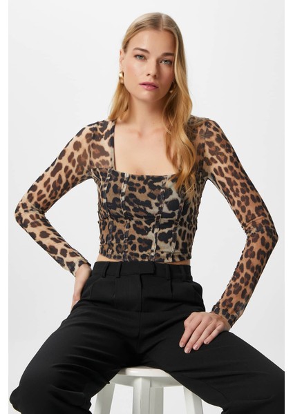 Kadın Alina Korse Görünümlü Leopar Tül Crop Bluz