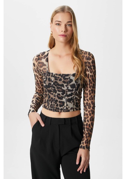 Kadın Alina Korse Görünümlü Leopar Tül Crop Bluz