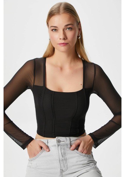 Kadın Alina Korse Görünümlü Siyah Tül Crop Bluz