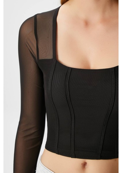 Kadın Alina Korse Görünümlü Siyah Tül Crop Bluz fiyatları