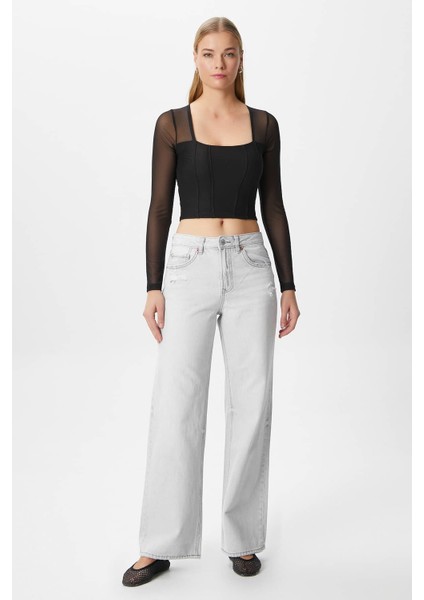 Kadın Alina Korse Görünümlü Siyah Tül Crop Bluz