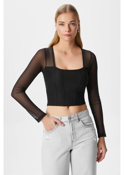 Kadın Alina Korse Görünümlü Siyah Tül Crop Bluz
