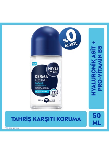 Men Erkek Roll-On Deodorant Derma Control Defend 50ML, 72 Saat Anti-Perspirant, Alkolsüz, Hyaluron