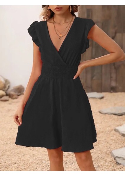 Kadın Kısa Kollu Kruvaze Yakalı Beli Lastikli Aerobin Elbise fırsatları