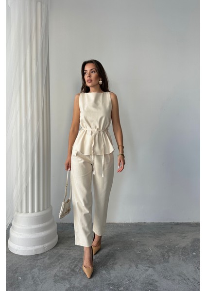 AYDOGANTICARET44 Keten Bluz - Pantolon Takım Massimo Modelscreat Kumaş - Bej