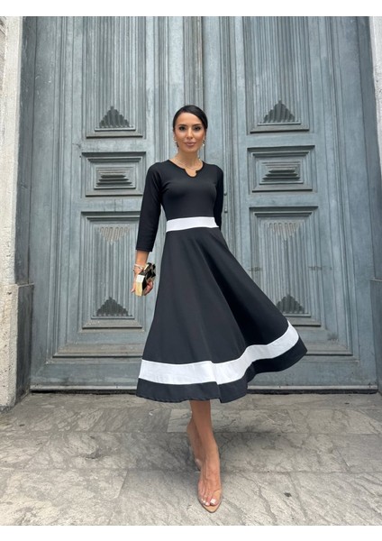 Kadın Truvakarkol Yakası Açık Blok Renkli Krep Midi Elbise