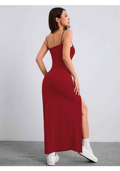 Kadın Ip Askılı Yandan Yırtmaçlı Janjan Krep Elbise