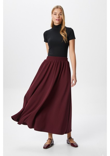 Kadın Luna Bel Lastikli Cepli Bordo Uzun Maxi Boy Etek